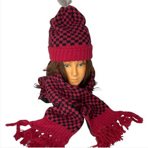 WOOLRICH Wool Angora Checkered Matching Hat and Scarf Set Raspberry Black OS